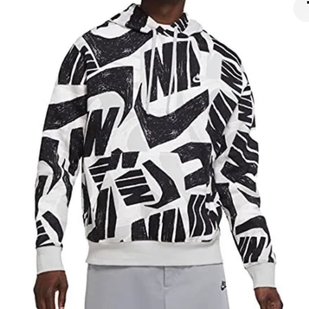 Nike Mens Large Sportswear Allover Print Futura Club Pullover Hoodie Black White